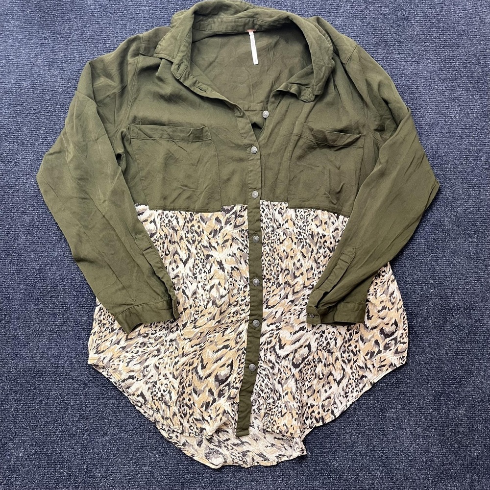 Free People Shirt Womens Large Olive Animal Print Button Up Tunic Top Boho